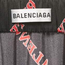 Pre Owned Balenciaga Black Logo Print Satin Silk Asymmetric Midi Skirt M