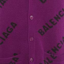 Pre Owned Balenciaga Wardrobe Purple Logo Intarsia Wool Oversized Cardigan XS