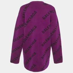 Pre Owned Balenciaga Wardrobe Purple Logo Intarsia Wool Oversized Cardigan XS