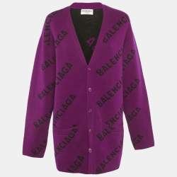 Pre Owned Balenciaga Wardrobe Purple Logo Intarsia Wool Oversized Cardigan XS