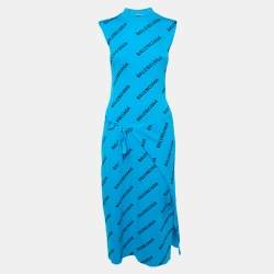 Pre Owned Balenciaga Blue Logo Print Rib Knit Wrapped Midi Dress M