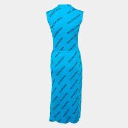 Pre Owned Balenciaga Blue Logo Print Rib Knit Wrapped Midi Dress M
