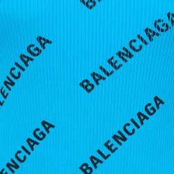 Pre Owned Balenciaga Blue Logo Print Rib Knit Wrapped Midi Dress M