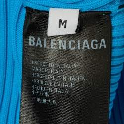 Pre Owned Balenciaga Blue Logo Print Rib Knit Wrapped Midi Dress M