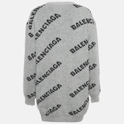 Pre Owned Balenciaga Grey Logo All Over Wool Knit Cardigan M