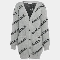 Pre Owned Balenciaga Grey Logo All Over Wool Knit Cardigan M