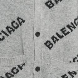 Pre Owned Balenciaga Grey Logo All Over Wool Knit Cardigan M