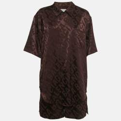 Pre Owned Balenciaga Unisex Burgundy All Over Logo Patterned Satin Shirt & Shorts Set S/M