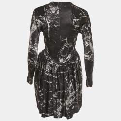 Pre Owned Balenciaga Black Printed Silk Plunge Neck Mini Dress S