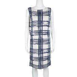 Pre Owned فستان بالنسياغا تريكو حرير كاروهات أزرق كحلي وأبيض S