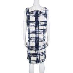 Pre Owned فستان بالنسياغا تريكو حرير كاروهات أزرق كحلي وأبيض S