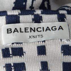 Pre Owned فستان بالنسياغا تريكو حرير كاروهات أزرق كحلي وأبيض S