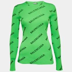 مملوكة مسبقًا Balenciaga Neon Green Techno Logo Print Rib Knit Crewneck Pullover M