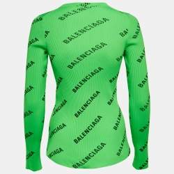مملوكة مسبقًا Balenciaga Neon Green Techno Logo Print Rib Knit Crewneck Pullover M