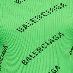 مملوكة مسبقًا Balenciaga Neon Green Techno Logo Print Rib Knit Crewneck Pullover M