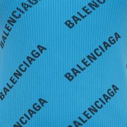 Pre Owned Balenciaga Blue Logo All-Over Rib Knit Midi Wrap Dress M