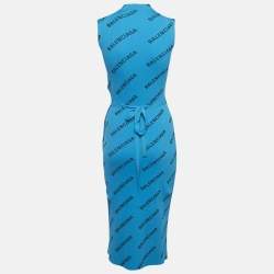 Pre Owned Balenciaga Blue Logo All-Over Rib Knit Midi Wrap Dress M
