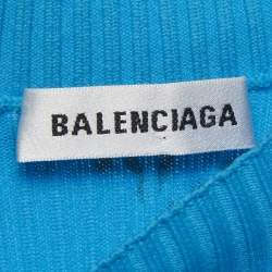 Pre Owned Balenciaga Blue Logo All-Over Rib Knit Midi Wrap Dress M