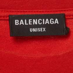 مملوكة مسبقًا تي شيرت بالنسياغا جيرسي مطرز بشعار أحمر للجنسين مقاس كبير جداً