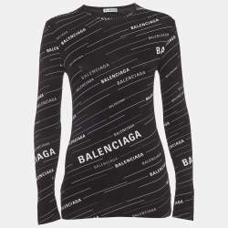 Pre Owned Balenciaga Black Logo All-Over Print Jersey Fitted Top S