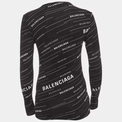 Pre Owned Balenciaga Black Logo All-Over Print Jersey Fitted Top S
