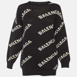 Pre Owned Balenciaga Black All Over Logo Wool Blend Knit Sweater M