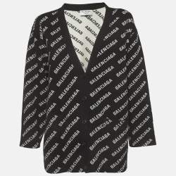مملوكة مسبقًا Balenciaga Unisex Black/White Logo All Over Cotton Knit Cardigan L