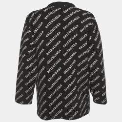 Pre Owned Balenciaga Unisex Black/White Logo All Over Cotton Knit Cardigan L