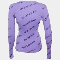 Pre Owned Balenciaga Purple All Over Logo Rib Knit Long Sleeve Jumper XS