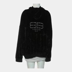 مملوكة مسبقًا سترة هودي سحاب بشعار مزخرف مخمل أسود لخريف/شتاء 2023 من بالنسياغا