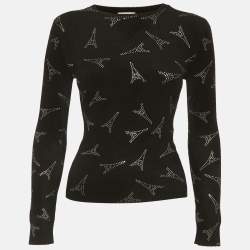 Pre Owned Balenciaga Black Eiffel Tower Rhinestone Velvet Sweater XS
