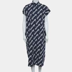 Pre Owned فستان بالنسياغا قطن مطبوع أزرق بحري ميدي مقاس صغير