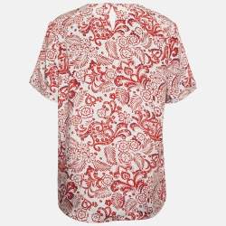 مملوكة مسبقًا بلوزة بالنسياغا حرير بطبعة زهور بيضاء/حمراء مقاس متوسط (ميديم)