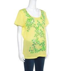 Pre Owned Balenciaga Yellow and Green Floral Cutout Printed T-Shirt M