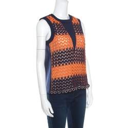 Balenciaga Blue and Neon Orange Open Loop Weave Detail Sleeveless Top S