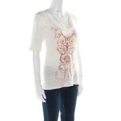 Pre Owned Balenciaga T'S Cream Linen Baroque Motif Printed Short Sleeve T-Shirt