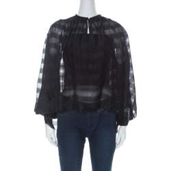 Pre Owned Balenciaga Black Striped Chiffon High-Low Three Quarter Sleeve Blouse S