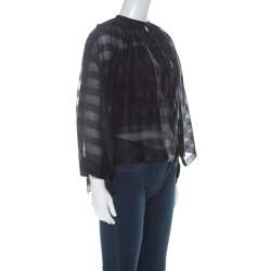 Pre Owned Balenciaga Black Striped Chiffon High-Low Three Quarter Sleeve Blouse S