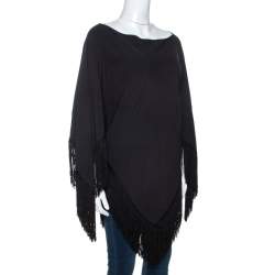Pre Owned Balenciaga Black Crepe Fringed Poncho L