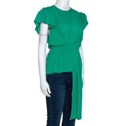 Pre Owned Balenciaga Green Silk Pleated Asymmetrical Blouse M