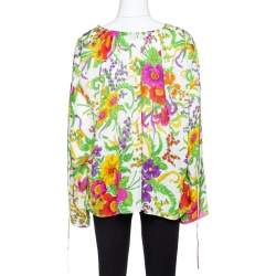 Pre Owned Balenciaga White Floral Print Lurex Silk Slide Blouse L