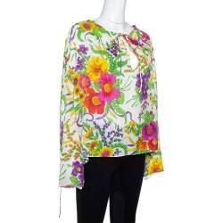 Pre Owned Balenciaga White Floral Print Lurex Silk Slide Blouse L