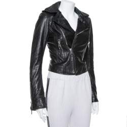 Pre Owned Balenciaga Black Leather Zipper Front Biker Jacket S