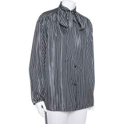 Pre Owned Balenciaga  Black Striped Satin Neck Tie Detail Oversized Shirt S