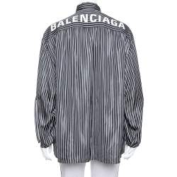Pre Owned Balenciaga  Black Striped Satin Neck Tie Detail Oversized Shirt S