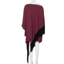 Pre Owned Balenciaga Burgundy Crepe Fringed Cape Detail Asymmetric Hem Midi Dress L