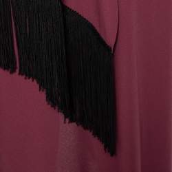 Pre Owned Balenciaga Burgundy Crepe Fringed Cape Detail Asymmetric Hem Midi Dress L