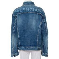 Pre Owned Balenciaga Blue Denim Distressed Collar Detail Oversized Jacket S