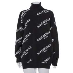 Pre Owned Balenciaga Black Logo Intarsia Knit Oversized Turtleneck Sweater S
