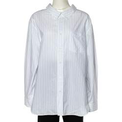 مملوكة مسبقًا Balenciaga White Striped Cotton Wide Open Collar Detail Oversized Shirt S